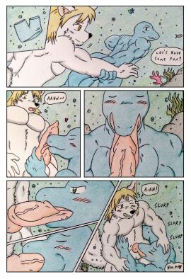 2024 2boys absurd_res animal_genitalia animal_penis anthozoan anthro athletic athletic_anthro athletic_male balls bara biceps big_ears black_nose blonde_hair blue_body blue_bottomwear blue_clothing blue_shorts blush blush_lines bottomwear canid canine canine_genitalia canine_penis cetacean closed_eyes clothing cnidarian comic comic_panel coral dashthefox dialogue dolphin duo english_text erection fellatio fennec_fox fingers first_person_view fluffy fluffy_tail fox fur genitals green_eyes hair hand_on_head hi_res holding_arm knot knot_lick licking long_tongue looking_pleasured low-angle_view male male/male mammal marine muscular muscular_anthro muscular_male nude one_eye_closed onomatopoeia open_mouth oral pecs penile penis penis_lick pink_penis pov_blowjob sex shorts sound_effects speech_bubble swimming tail text thick_knot thick_penis tongue tongue_out tongue_out_blowjob toothed_whale traditional_media_(artwork) true_fox underview underwater underwater_blowjob underwater_scenery underwater_sex underwater_view underwear vein veiny_knot water white_body white_fur yaoi yellow_eyes