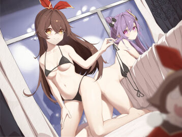 2girls absurd_res absurdres amber_(genshin_impact) ankles ass bare_armpits bare_ass bare_back bare_belly bare_butt bare_calves bare_chest bare_hands bare_hips bare_knees bare_legs bare_midriff bare_navel bare_shoulders bare_soles bare_thighs bare_torso barefoot baron_bunny_(genshin_impact) bed bed_sheet belly belly_button bikini bikini_bottom bikini_only bikini_removed bikini_top bikini_top_removed black_bikini black_bikini_bottom black_bikini_only black_bikini_top black_string_bikini black_swimsuit black_swimwear blush blush_lines blushing_at_viewer blushing_female breasts brown-eyed_female brown-haired_female brown_eyebrows brown_eyes brown_hair calves cleavage closed_mouth_smile collarbone curtains doll dot_nose elbows embarrassed_female exposed exposed_arms exposed_belly exposed_feet exposed_heels exposed_legs exposed_midriff exposed_shoulders exposed_thighs exposed_toes feet female female_only fingers full_body genshin_impact grin groin hair_between_eyes hair_bun hair_ribbon half_naked half_nude hand_on_leg hand_on_own_leg hand_on_own_thigh hand_on_thigh head_tilt high_resolution highres hourglass_figure indoor indoors keqing_(genshin_impact) knees lean_figure legs light-skinned_female light_skin long_hair looking_at_viewer looking_back medium_breasts multiple_females multiple_girls narrow_waist navel pale-skinned_female pale_skin petite petite_body petite_female purple-eyed_female purple-haired_female purple_eyebrows purple_eyes purple_hair pussy red_hair_ribbon red_ribbon ribbon shoulders sideboob sidelocks sitting slender_body slender_waist slim_female slim_waist smile smiling_at_viewer smirk soles starlan string_bikini swimsuit swimwear thick_ass thick_thighs thighs thin_waist tilted_head toes twin_buns underboob v-line white-skinned_female white_bed white_bed_sheet wide_hips window