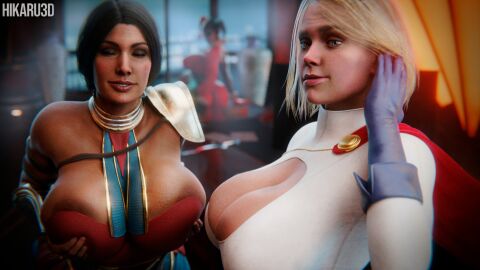 3d 3girls batman_(series) big_breasts black_hair blonde_hair breasts cleavage dc dc_comics diana_prince female harley_quinn harley_quinn_(classic) harley_quinn_(injustice) hikaru3d injustice_2 kara_zor-l karen_starr looking_at_viewer power_girl power_girl_(injustice) superman_(series) wonder_woman wonder_woman_(injustice) wonder_woman_(series)