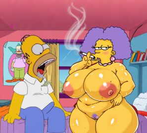 big_breasts breasts edit female homer_simpson naked selma_bouvier smoking tagme the_simpson the_simpsons