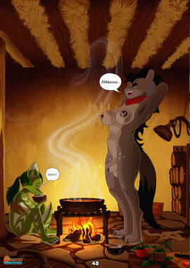 2025 absurd_res animal_genitalia anthro balls bent_legs big_breasts black_hair blush bottomless breasts brown_body brown_fur canid canine claws cleavage closed_eyes clothed clothing colored comic digital_media_(artwork) duo feet fingers fire food fox full-length_portrait fully_sheathed fungus fur fur_markings futanari genitals green_body green_fur green_hair hair herm hi_res hindpaw holt_(spoogiehowl) hug hyena intersex kneeling_oral_position looking_at_viewer mammal markings muscular mushroom navel nipple_piercing nipples patreon paws penis penis_tip piercing ponytail portrait rock scarf shaded sheath shy simple_background sitting size_difference speech_bubble spoogiehowl spread_legs spreading standing steam story tail text thick_thighs tight_clothing topwear undressing url wood