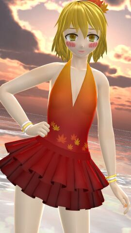 1girls 2023 3d autumn_leaves blush bracelets clouds deity female flat_chest frilled_skirt goddess hati_yukkuri_mmd headwear light-skinned_female light_skin looking_at_viewer mikumikudance mmd mountain_of_faith sea shizuha_aki short-haired_female sky solo_female solo_focus sunset swimsuit touhou water yellow-haired_female yellow_eyes