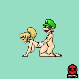 1boy 1girls all_fours animated blonde_hair breasts crossover doggy_style female hanging_breasts luigi male mario_(series) mayin metroid nintendo nude nude_female nude_male pixel_animation pixel_art ponytail samus_aran sex sex_from_behind straight straight_sex super_smash_bros. super_smash_flash_2