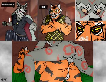 2025 anal anal_sex anthro canid canine canis clothing coat comic dialogue duo epic_games felid fletcher_kane fortnite from_behind_position glaring_at_another hi_res jewelry male male/male mammal mariojoe11 markings muscular necklace oscar_(fortnite) pantherine penetration scar sex slim tiger topwear wolf