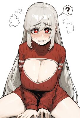 ? big_breasts blush blushing blushing_at_viewer boob_window breasts breasts_squeezed_together cleavage female habin_(insact) huge_breasts insact large_breasts long_hair long_sleeves nervous nervous_smile on_top original original_character red_eyes red_sweater sidelocks simple_background spoken_question_mark sweat sweatdrop sweater sweating thick_thighs white_background white_hair white_skin