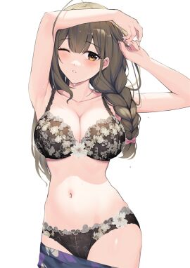 1girls adult adult_female ahoge antenna_hair armpits arms_above_head arms_up bare_armpits bare_arms bare_belly bare_chest bare_hands bare_hips bare_midriff bare_navel bare_shoulders bare_skin bare_thighs belly belly_button black_bra black_panties black_underwear blush blush_lines blushing_at_viewer blushing_female bra braid braided_hair braided_ponytail breasts brown-eyed_female brown-haired_female brown_eyebrows brown_eyes brown_hair busty busty_female cleavage collarbone dot_nose elbows embarrassed embarrassed_female exposed exposed_armpits exposed_arms exposed_belly exposed_midriff exposed_shoulders exposed_thighs eyebrows_visible_through_hair female female_focus female_only fingernails fingers frilled_bra frilled_panties frilled_underwear gin00 groin hair_between_eyes half_naked half_nude hands_above_head hands_up head_tilt high_resolution highres hourglass_figure idolmaster idolmaster_shiny_colors kuwayama_chiyuki lace_bra lace_panties lace_underwear laced_bra laced_panties laced_underwear large_breasts lean_figure legs light-skined_female light-skinned_female light_skin long_hair looking_at_viewer mature_female naked naked_female navel nude nude_female nudity one_one_eye_open panties ponytail pussy shoulders simple_background slender_body slender_waist slim_female slim_waist solo standing thick_thighs thin_waist tilted_head underwear upper_body v-line white_background wide_hips