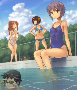 2boys 3girls adjusting_goggles asahina_mikuru ayastyle barefoot bikini blue_bikini blue_one-piece_swimsuit breasts brown_eyes brown_hair caustics chain-link_fence cloud day drain_(object) female fence flat_chest full_body goggles hair_ribbon hairband hashi hirano_aya koizumi_itsuki kyon large_breasts male multiple_boys multiple_females multiple_girls multiple_males nagato_yuki nosebleed one-piece_swimsuit orange_hairband outdoors photoshop_(medium) pool poolside purple_hair ribbon short_hair sitting slingshot_swimsuit small_breasts soaking_feet sos_brigade submerged suzumiya_haruhi suzumiya_haruhi_no_yuuutsu swimsuit tree voice_actor_connection water white_slingshot_swimsuit