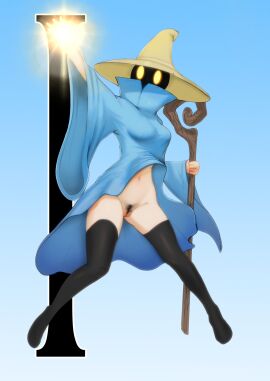 black_mage_(final_fantasy) blue_robe breasts female female_pubic_hair final_fantasy final_fantasy_i glowing glowing_eyes glowing_hand hat highres holding holding_staff mage_staff no_panties pubic_hair pussy robe shaded_face solo spooki staff thighhighs wide_sleeves wind wind_lift witch_hat