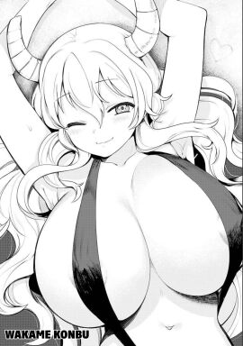 1girls 2d 2d_(artwork) ;) areola_slip areolae areolae_peeking areolae_slip areolae_visible_through_clothing arms_above_head arms_up artist_name belly_button big_breasts bikini bikini_top black_and_white blush blush_lines blushing_at_viewer blushing_female breasts breasts_bigger_than_head closed_legs closed_mouth closed_smile colorless dragon dragon_girl dragon_horns dragon_humanoid dro english_text english_translation female female_focus female_humanoid female_only greyscale hi_res high_resolution highres horn horned_humanoid horns huge_breasts human_form kobayashi-san_chi_no_maidragon kobayashi-san_chi_no_maidragon_official_doujinshi_set konbu_wakame large_breasts laying laying_down laying_on_back laying_on_floor laying_on_ground light-skinned_female light_skin long_hair lucoa lucoa_(maidragon) manga_page midriff miss_kobayashi's_dragon_maid monochrome nip_slip nipple_slip no_color no_dialogue official_art official_artist on_back one_eye_closed one_eye_open quetzalcoatl_(dragon_maid) simple_background sling_bikini sling_swimsuit slingshot_bikini slingshot_swimsuit smile smiling smiling_at_viewer solo solo_female solo_focus sweatdrop swimsuit symbol_in_eye text upper_body upper_body_focus very_long_hair voluptuous voluptuous_female watermark wink winking winking_at_viewer