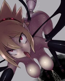 black_legwear blonde_hair breasts demon demon_girl elbow_gloves female gloves hanging_breasts medium_breasts nipples open_mouth pointy_ears pussy pussy_juice saliva solo thighhighs tongue