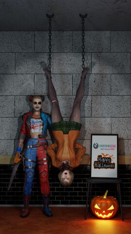 2girls 3d ashley_graham ashley_graham_(ella_freya) batman_(series) crossover dc dc_comics female female_only femdom fully_clothed gore halloween hanging_upside_down harley_quinn harley_quinn_(arkham) harley_quinn_(suicide_squad_game) imminent_gore lezdom multiple_females multiple_girls resident_evil resident_evil_4 resident_evil_4_remake saw smithproductions suicide_squad suicide_squad:_kill_the_justice_league sunglasses