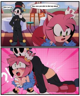 1boy 1girls amy_rose anthro anthro_on_human anti_groove bent_over blush c_m_g_nsfw clothed_sex comic commission english english_text grabbing grabbing_breasts green_eyes hedgehog hedgehog_girl human human_on_anthro pink_body pink_hair shy_guy sonic_(series) sonic_the_hedgehog_(series) the_murder_of_sonic_the_hedgehog top_hat vaginal_penetration vaginal_sex
