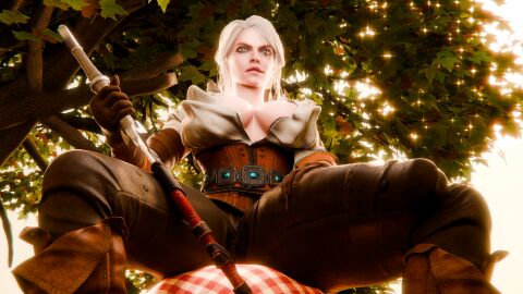 3d big_breasts big_penis bulge bulge_through_clothing ciri cleavage futanari looking_at_viewer low-angle_view manufatura self_upload sword tagme the_witcher_(series) the_witcher_3:_wild_hunt white_hair