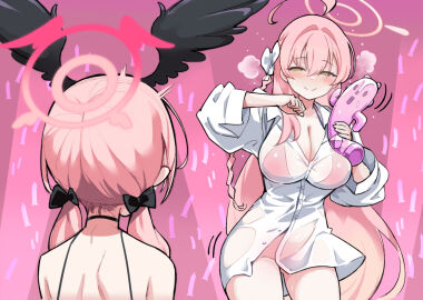 2girls big_ass big_breasts blue_archive blush breasts dancing female halo hanako_(swimsuit)_(blue_archive) haniwa high_resolution hm_(hmongt) koharu_(swimsuit)_(blue_archive) long_hair meme_reference shikanoko_nokonoko_koshitantan shirt swimsuit very_long_hair video_game_character wet wet_shirt wet_skin white_shirt wings_on_head