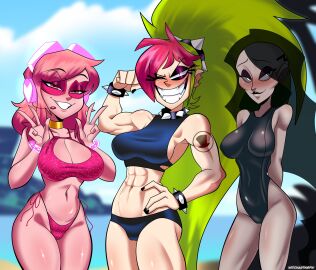 3girls abs athletic athletic_female bare_midriff beach biceps big_breasts bikini black_hair bracelet breasts busty cartoon_network choker cleavage cleavage_cutout collar demencia_(villainous) eyeshadow female female_focus female_only fit fit_female flexing hands_behind_back hourglass_figure lipstick littlewitchnsfw long_hair makeup mascara medium_breasts miss_heed_(villainous) muscles muscular muscular_female nail_polish navel outdoors outside penumbra_(villainous) red_hair slender_body slender_waist slim slim_female slim_waist smile smiling swimsuit tagme toned toned_body toned_female v v_sign villainous wide_hips