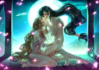 2girls aerith_gainsborough arm_around_partner arm_around_shoulders artist_logo artist_name black-haired_female black_hair bracelet breasts brown-haired_female brown_hair cherryinthesun color completely_nude face_grab female final_fantasy final_fantasy_vii full-face_blush functionally_nude green_eyes grinding hair_ornament hair_ribbon half-closed_eyes hand_on_another's_face hand_on_another's_hip happy_sex holding_partner kneeling leg_between_thighs lighting long_hair looking_at_another looking_pleasured multiple_females multiple_girls nude pussy pussy_juice pussy_juice_drip pussy_juice_on_leg pussy_juice_puddle red_eyes romantic romantic_couple see-through see-through_clothing sideass smile sweat sweating_profusely thigh_sex tied_hair tifa_lockhart toned toned_female very_long_hair watermark wholesome yuri