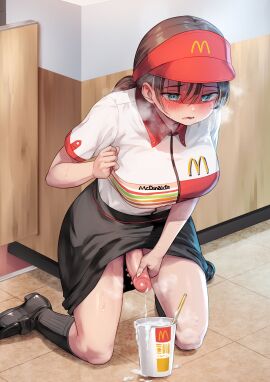 1futa absurdres ayanakitori big_breasts black_footwear black_skirt blue_eyes blush bottomless breasts brown_hair closed_mouth clothed clothing cum cum_in_container cum_in_cup cup decensored disposable_cup drinking_straw employee_uniform erection futa_masturbation futa_only futanari highres human intersex kneehighs kneeling large_breasts leaning_forward light-skinned_futa light_skin loafers long_hair low_twintails masturbation mcdonald's miniskirt mostly_clothed on_floor original penis shoes short_sleeves skirt socks solo tears textless_version thighs twintails uncensored visor_cap wing_collar