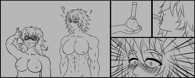 2d 2d_(artwork) 2d_artwork 2girls abs big_breasts blush bottle breasts bulky chubby_female female female_abs glasses lewd_kingdom messy muscular muscular_female nervous_smile pervert potion potion_bottle sketch spiky_hair