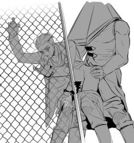 2boys anal anal_sex big_dom_small_sub black_censor_bar censored_penis crossover cumming dead_by_daylight gay gay_sex hands_on_hips male monochrome monster open_mouth pants_down penis pyramid_head silent_hill silent_hill_2 the_trickster yaoi