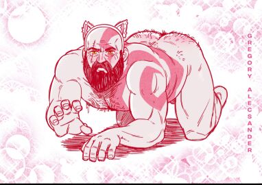ass bald bald_male bara beard cat_ears daddy dilf facial_hair fat_ass gay god_of_war gregory_alecsander hairy_ass kratos male male_focus male_only masculine_male mature_male muscles muscular muscular_male nude older_male on_all_fours provocative red_markings solo solo_male white_body white_skin yaoi