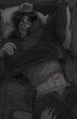 1boy 1girls abs broad_shoulders choso_kamo dominant_female emo_boy female femdom gentle_femdom goth_boy handsome_man jujutsu_kaisen kiss_mark limited_palette lipstick_mark male male/female male_focus midriff midriff_peek muscular muscular_male open_jeans small_waist submissive_male taped_mouth tiny_waist toned toned_body toned_male undressed_by_others undressing undressing_another undressing_partner v-taper vulnerable_expression wonkish