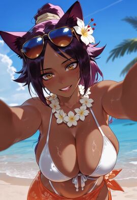 ai_generated ai_video balecxi bang beach bikini bleach bouncing bouncing_breasts brown_skin cat_ears cat_girl catgirl cleavage close-up flower_in_hair flower_necklace hand hug huge_breasts hugging jiggle jiggle_physics jiggling_breasts large_breasts no_sound ocean palm_leaf palm_tree pov purple_hair shihouin_yoruichi stay_blocky sunglasses sunglasses_on_head tagme talking_to_viewer tanned_female tanned_skin towel towel_around_waist video waves white_bikini yellow_eyes