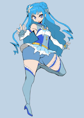 absolute_territory action_pose artist_request before_transformation blue_background blue_eyes blue_hair buns digital_media_(artwork) female fully_clothed heel_boots heels lifted_skirt long_hair magical_girl miniskirt nikujuu_uc pre-transformation shorts thighhigh_boots thighhighs thighs transformation upskirt