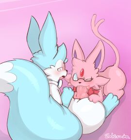 2023 absurd_res all_fours ambiguous_gender artist_name ass ass_up big_penis big_tail blue_eyes blush bodily_fluids colored darkie_(espeon) deltra digital_drawing_(artwork) digital_media_(artwork) duo eeveelution espeon eyewear fellatio feral generation_2_pokemon generation_6_pokemon genital_fluids genitals glasses hi_res knot looking_pleasured male male/ambiguous nintendo one_eye_closed open_mouth oral penile penis pink_eyes pokemon pokemon_(species) precum raised_tail sex shaded signature sitting sylveon tail tongue tongue_out wink zakiredlight