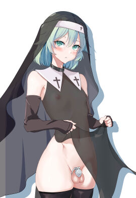 1boy absurdres arm_warmers armwear black_thighhighs blue_hair chastity_cage chastity_device choker collar dch6898013 elbow_gloves flat_chastity_cage gloves green_eyes green_hair highres leather_collar lifting_clothing looking_at_viewer male male_nun nun original otoko_no_ko penis penis_piercing piercing religious_clothing see-through short_hair stockings thighhighs
