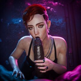 3d 3d_(artwork) pmale_pov aleksor aurore_cassel blowjob commission cyberpunk_2077 dark-skinned_male dark_skin fellatio jewelry kissing_penis kissing_penis_tip light-skinned_female looking_at_viewer oral penis veiny_penis
