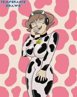 bodysuit boobs brainwashing breast_press breasts brells brown_hair cow_print cowbell fake_cow_horns female glasses hand_on_face hand_on_thigh headphones hypnosis large_breasts latex latex_bodysuit mind_control short_hair smile spiral_eyes temperancedraws