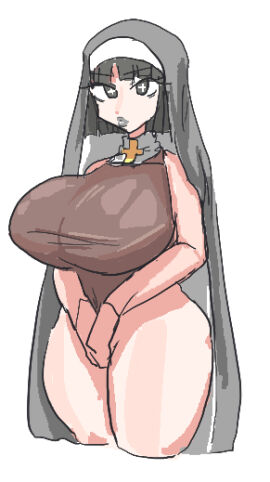 1girls black_hair bob_cut bodysuit breasts crucifix eyeshadow female gray_eyeshadow gray_lips gray_lipstick gray_makeup grey_eyeshadow grey_lipstick grey_makeup large_breasts leebongchun leotard lipstick low_res low_resolution lowres makeup nun nun's_habit original original_character short_hair solo thick_thighs thighs
