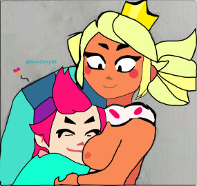 big_breasts brawl_stars breasts chester_(brawl_stars) crown drawing female huge_breasts hugging mandy_(brawl_stars) smelling