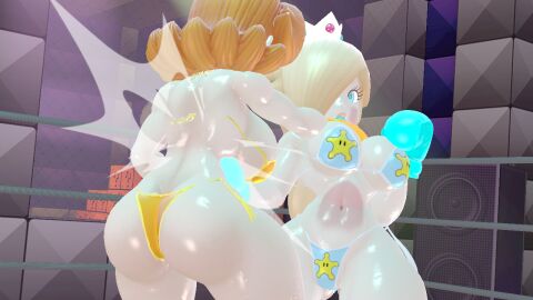 2girls 3d 3d_(artwork) ass back backboob big_ass big_breasts big_butt big_thighs bikini blue_eyes boxing boxing_gloves boxing_ring breasts bruise bubble_ass bubble_butt catfight crown curvy cyan_boxing_gloves cyan_gloves duo female female_focus female_only fight fighting fighting_ring ginger_hair gloves gut_punch hair_over_one_eye indoors light-skinned_female light_skin lips long_hair mario_(series) mouthguard nintendo orange_boxing_gloves orange_gloves part_of_a_set platinum_blonde_hair princess_daisy princess_rosalina princess_vs_princess punch punching rngsucks shoulder_length_hair thick thick_ass thick_butt thick_hips thick_thighs thighs vs wide_hips