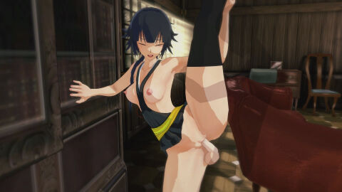 16:9 16:9_aspect_ratio 1boy 1girls 3d balls black_hair bleach breasts erect_nipples female female_penetrated indoors leg_held_up leg_up looking_pleasured male male_penetrating medium_hair nipples partially_clothed penis penis_in_pussy pussy sex small_breasts soifon sui-feng testicles transparent_male