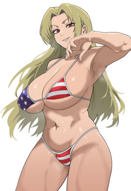 1girls american_flag american_flag_bikini arm_up armpits big_breasts bikini blonde_hair breasts cleavage female jujutsu_kaisen light-skinned_female light_skin navel oeoeoe sideboob snowbunny solo swimsuit swimwear thick_thighs voluptuous yuki_tsukumo