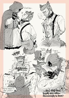 2boys abs alternate_costume animal_ears arm_hair azuko_(@zuco) beard big_bad_wolf_(cosplay) blush bow chest_hair closed_eyes collar cosplay couple crossdresser_on_top crossdresser_topping crossdressing deadpool deadpool_&_wolverine_(2024) egg_vibrator english_text facial_hair french_kiss full-face_blush gay gloves hairy halloween halloween_costume heart highres holding holding_leash hood hood_up james_howlett josou_seme kissing large_pectorals leash leg_hair little_red_riding_hood_(copyright) little_red_riding_hood_(cosplay) logan_(x-men) looking_at_another male male_focus male_only marvel marvel_cinematic_universe marvel_comics mask mask_lift mature_male monochrome multiple_boys multiple_males muscular muscular_male mutant_(marvel) mutate_(marvel) navel_hair nipples nude pants pectorals scar scars_all_over sex_toy shirt short_hair short_sleeves sitting speech_bubble spread_legs stuffed_animal stuffed_rabbit stuffed_toy suspenders sweat sweatdrop tail tears teeth tongue trembling vibrator wade_wilson wolf_boy wolf_ears wolf_tail wolverine_(x-men) x-men yaoi