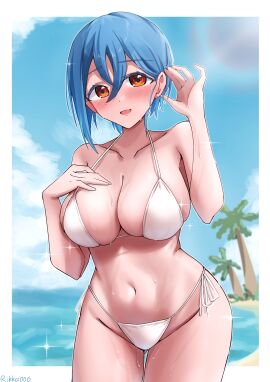 armpit_crease ass_visible_through_thighs bare_arms bare_belly bare_legs bare_shoulders bare_thighs beach belly_button bikini blue_hair blush breasts cleavage collarbone earrings female groin huge_breasts love_live! love_live!_superstar!! medium_hair orange_eyes outdoors parted_lips rikka006 side-tie_bikini_bottom sideboob smile string_bikini thick_thighs thighs tucking_hair wakana_shiki wet_body white_bikini