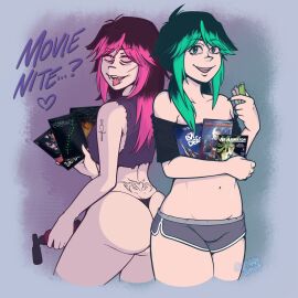 2girls ass bare_shoulders breasts butt english_text female green_eyes green_hair lighter original red_eyes red_hair red_sclera shorts text zag_(ziggysmut) ziggy_(ziggysmut) ziggysmut