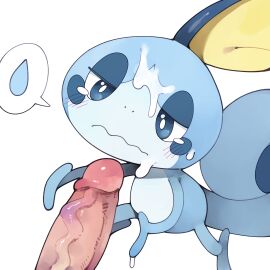 1boy absurdres blue_eyes blush closed_mouth cum cum_on_body erection facial highres male penis pokemon pokemon_(creature) pokephilia simple_background sobble speech_bubble spoken_object uncensored veins veiny_penis water_drop wavy_mouth white_background youjomodoki zoophilia