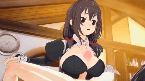 1boy 3d animated black_shirt breasts brown_hair censored cleavage_cutout clothing_cutout edmond_(artist) eyelashes female handsfree_paizuri indoors koikatsu_(medium) kono_subarashii_sekai_ni_shukufuku_wo! large_breasts long_hair long_sleeves looking_at_another looking_down looping_animation mosaic_censoring open_mouth paizuri penis red_eyes shirt straight tagme upper_body video yunyun_(konosuba)