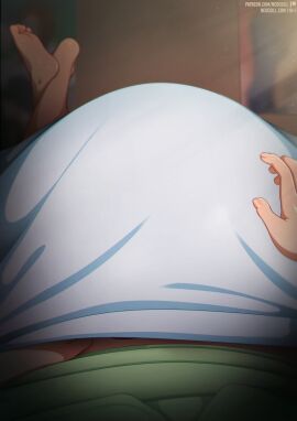 1boy 1girls aged_up bed big_breasts black_hair blowjob_in_the_pose breast_size_difference breasts brown_eyes comic feet feet_up fellatio female hayase_nagatoro implied_fellatio implied_oral light-skinned_male light_skin looking_at_viewer male naoto_hachioji_(senpai) neocoill on_back on_bed oral please_don't_bully_me nagatoro pov tanned_skin under_covers watermark