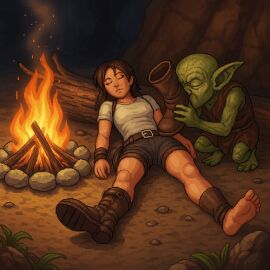 boots cave feet fire foot_fetish goblin goblin_male lara_croft sleeping smelling