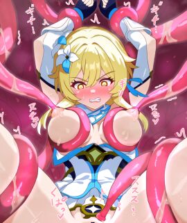 arms_up blonde_hair blush bondage breast_sucking breasts clenched_teeth commentary_request dress female flower genshin_impact hair_flower hair_ornament inteyvat_flower_(genshin_impact) kemonya777 looking_down lumine_(genshin_impact) medium_breasts nipple_stimulation nipple_tweak nipples peril restrained short_hair_with_long_locks sidelocks solo spread_legs teeth tentacle tentacle_pit translation_request white_dress white_flower yellow_eyes