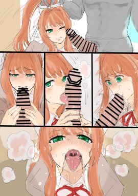 1boy 1girls anon blowjob blush brown_hair censored cock_against_cheek cock_on_face comic comic_page coral_brown_hair doki_doki_literature_club female female_focus fully_clothed grabbing_penis green_eyes heart_eyes huge_cock licking licking_penis long_hair looking_pleasured loving_it male monika_(doki_doki_literature_club) nibbling penis pov saliva school_uniform schoolgirl stubborn sucking_penis sweat white_bow