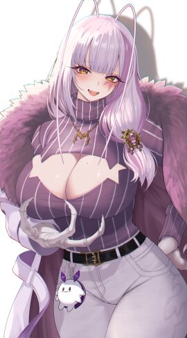 1girls absurdres antenna_hair antennae_(anatomy) arthropod_girl black_belt blush boob_window breasts bug_girl center_opening child_bearing_hips cleavage cleavage_cutout clothed clothing clothing_cutout cockroach_girl fangs female female_only hair_ornament hair_over_one_eye highres huge_breasts insect_girl inviting jeans jewelry large_breasts light-skinned_female light_skin long_hair looking_at_viewer matara_kan matara_kan_(casual) milf monster_girl multicolored_hair necklace open_mouth pants pink_hair ponytail purple_hair purple_sweater red_eyes seductive smile solo streaked_hair striped_clothes striped_sweater sweater tempting tight_clothing tight_fit tight_jeans turtleneck turtleneck_sweater twitch twitch.tv twitter uzyou1129 virtual_youtuber vshojo white_jeans white_pants wide_hips yellow_eyes youtube youtuber