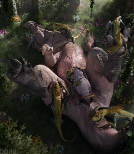 3d animal_genitalia anjanath anus barlu blender_(software) bodily_fluids brute_wyvern capcom claws cum cum_on_feet cum_on_leg cum_on_penis cum_string cumshot digital_media_(artwork) duo ejaculation erection fanged_wyvern feathers feet feral feral_on_feral foot_fetish foot_play footjob forest genital_fluids genital_slit genitals grey_body grey_scales hi_res interspecies jagras lying male male/male monster_hunter on_back open_mouth orgasm outside penis pink_body pink_scales plant red_eyes scales sex size_difference slit small_dom_big_sub teeth tongue tongue_out tree