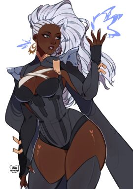 1girls black_female blue_eyes bodysuit braided_hair dark-skinned_female dark_skin female kamii_momoru long_hair looking_to_the_side marvel marvel_comics ororo_munroe simple_background solo solo_female storm_(x-men) thick thick_lips thick_thighs thighs white_hair x-men
