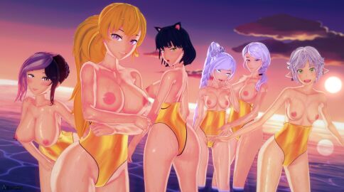6girls arrancon black-haired_female black_hair blake_belladonna blonde_female blonde_hair blue_eyes breasts cat_ears cleavage faunus female fiona_thyme golden_swimsuit green_eyes milf mother_and_daughter multicolored_hair neo_(rwby) ocean one-piece_swimsuit rwby weiss_schnee white-haired_female white_hair willow_schnee yang_xiao_long