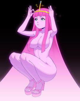1girls absurdly_long_hair adventure_time arms_up blue_eyes breasts female hair_over_breasts high_heels highres large_breasts long_hair nude pink_hair pink_skin princess_bubblegum satelyte sidelocks solo sparkle squatting tiara very_long_hair